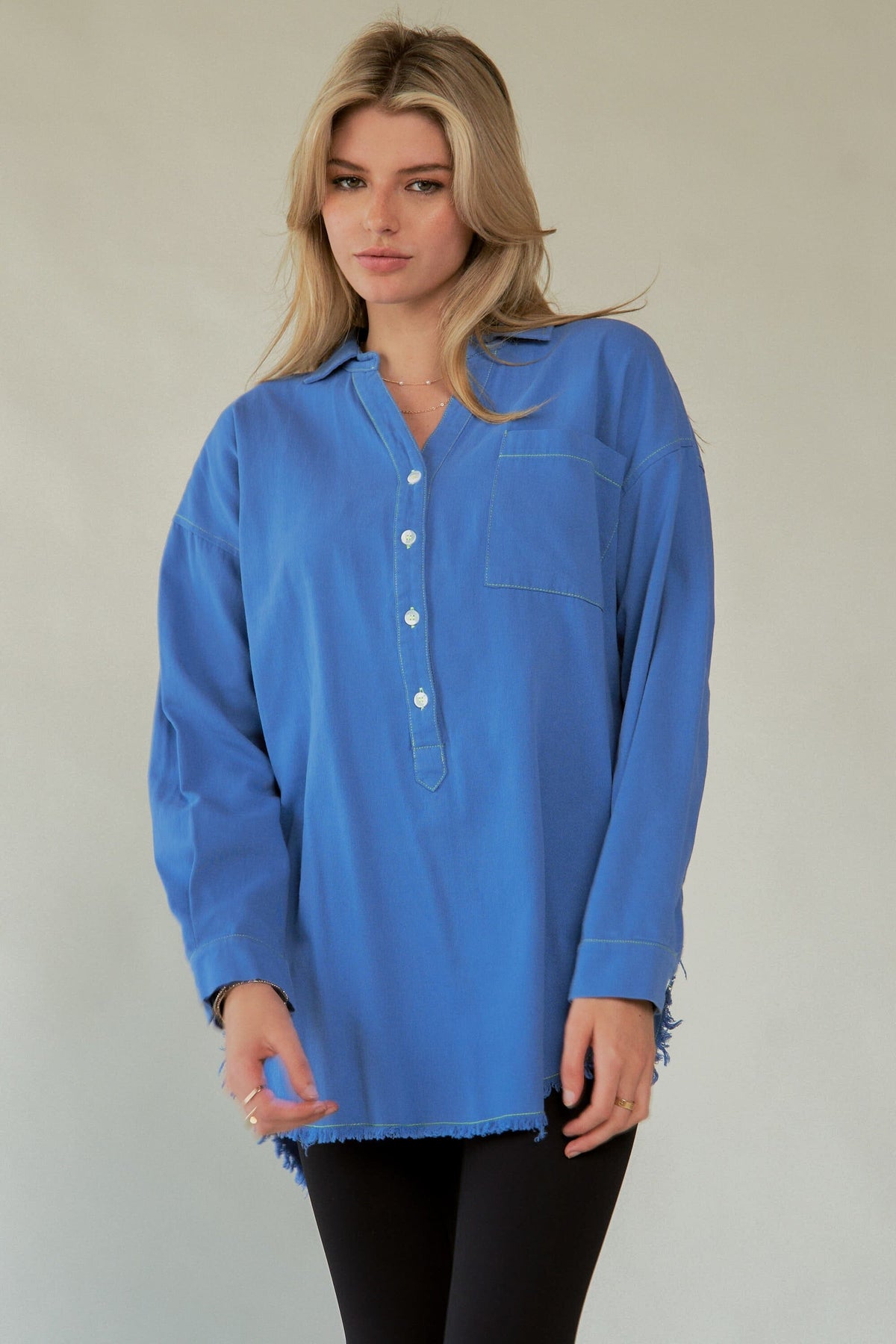Davi & Dani Letter Back Raw Hem Half Button Shirt - Sydney So Sweet