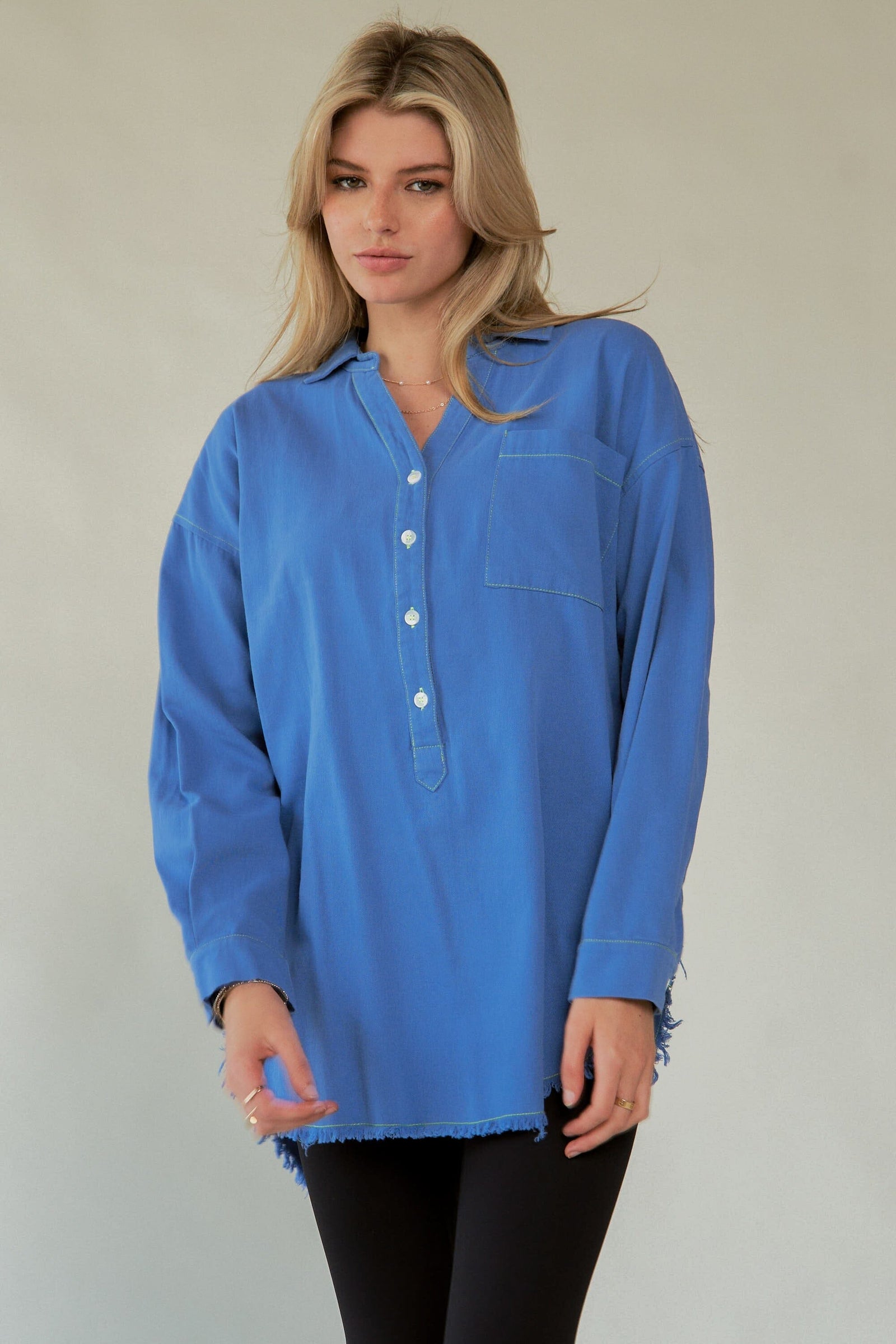 Davi & Dani Letter Back Raw Hem Half Button Shirt - Sydney So Sweet