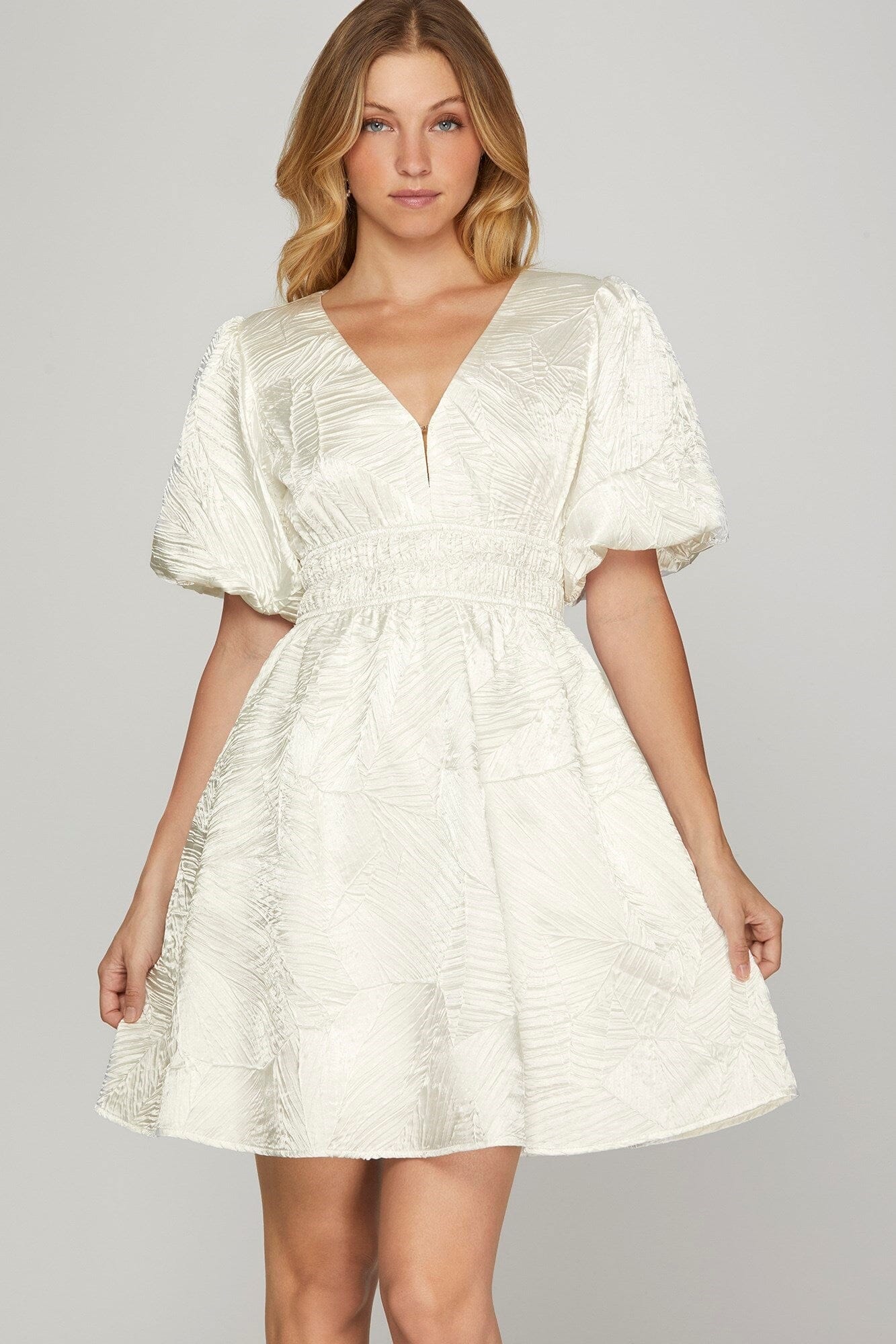She + Sky Crinkle Woven V-Neck Balloon Sleeve Mini Dress - Sydney So Sweet