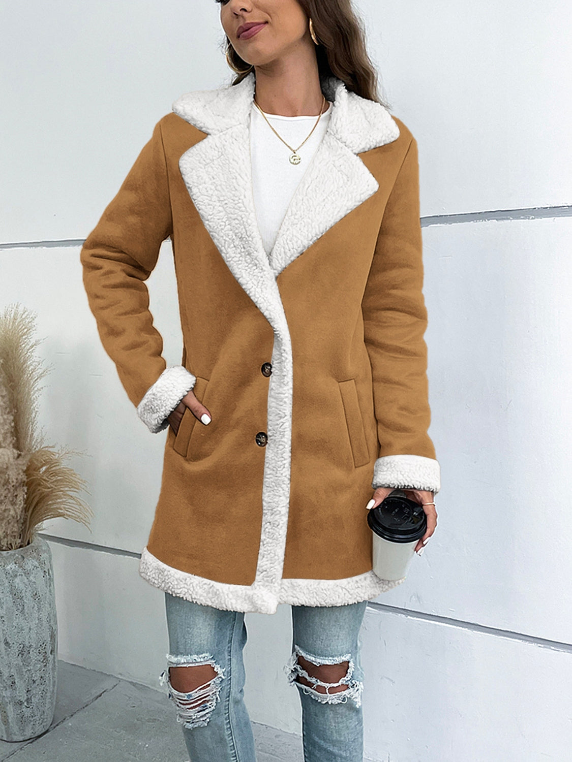 Contrast Button Up Lapel Collar Long Sleeve Coat - Sydney So Sweet