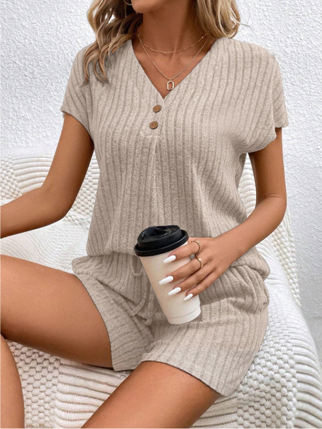 Ribbed V-Neck Top and Shorts Set - Sydney So Sweet