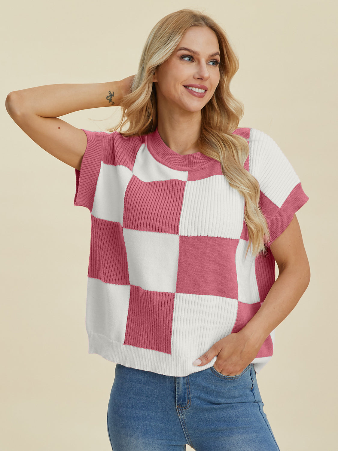 Double Take Full Size Checkered Round Neck Short Sleeve Sweater - Sydney So Sweet