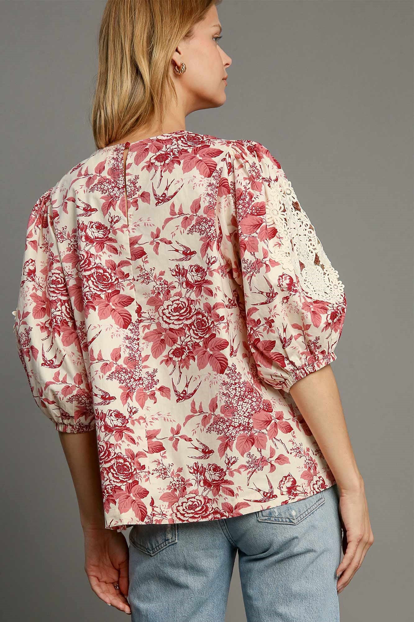 Umgee Floral Pleated Detail Lace Trim Sleeve Blouse - Sydney So Sweet