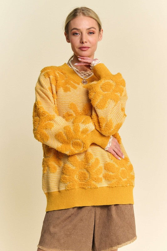 Davi &amp; Dani Flower Texture Round Neck Dropped Shoulder Sweater - Sydney So Sweet