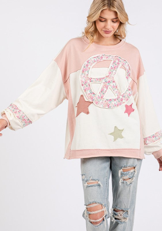 SAGE + FIG Peace & Star Patch Contrast Round Neck Sweatshirt - Sydney So Sweet