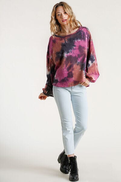 Umgee Full Size Tie Dye Round Neck Long Balloon Sleeve Top Plus Size - Sydney So Sweet
