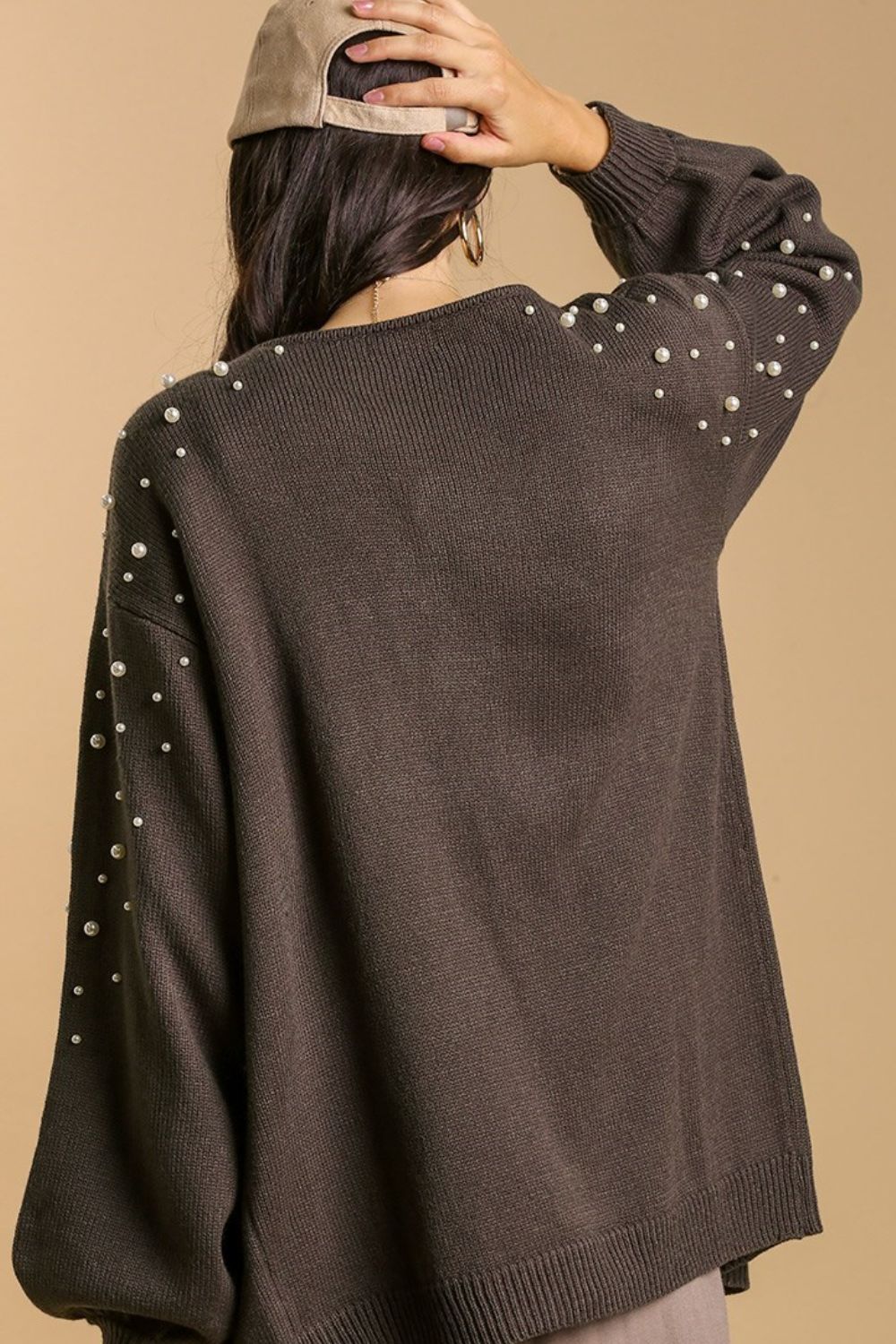 Umgee Full Size Open Front Cardigan with Long Sleeve Pearl Details Plus Size - Sydney So Sweet