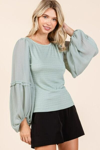 Mittoshop Mixed Media Textured Knit Chiffon Long Sleeve Top - Sydney So Sweet