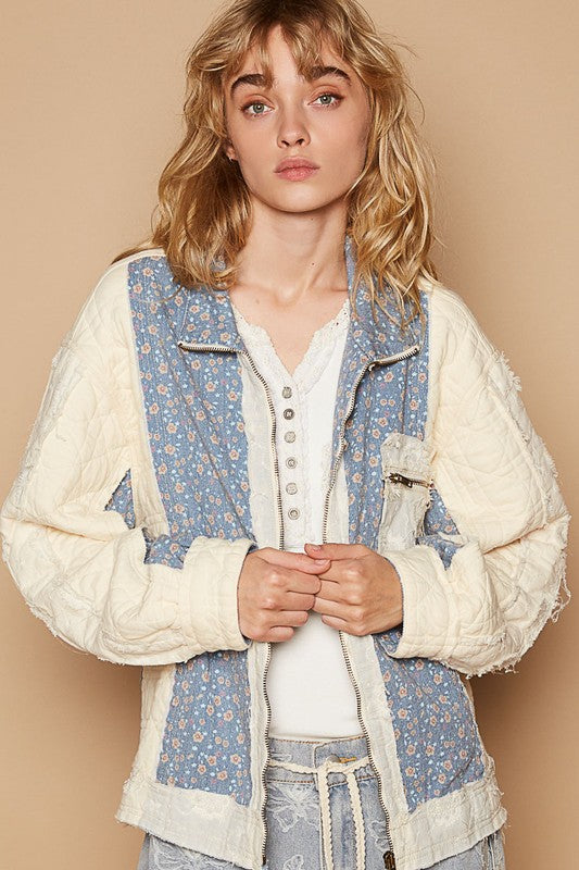 POL Floral Patchwork Zip Up Long Sleeve Jacket - Sydney So Sweet