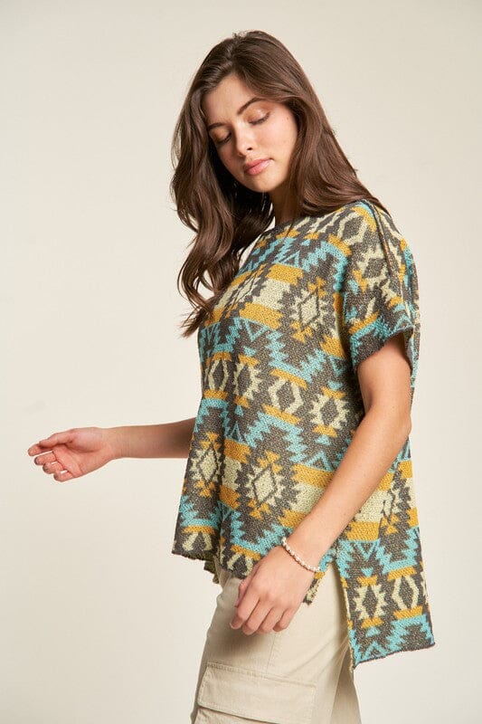Davi & Dani High-Low Geometric Round Neck Knit Top - Sydney So Sweet