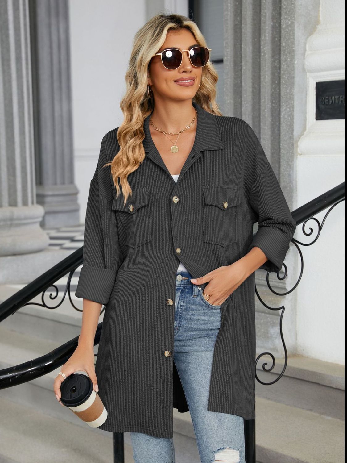 Double Take Textured Pocketed Collared Neck Long Sleeve Shirt - Sydney So Sweet