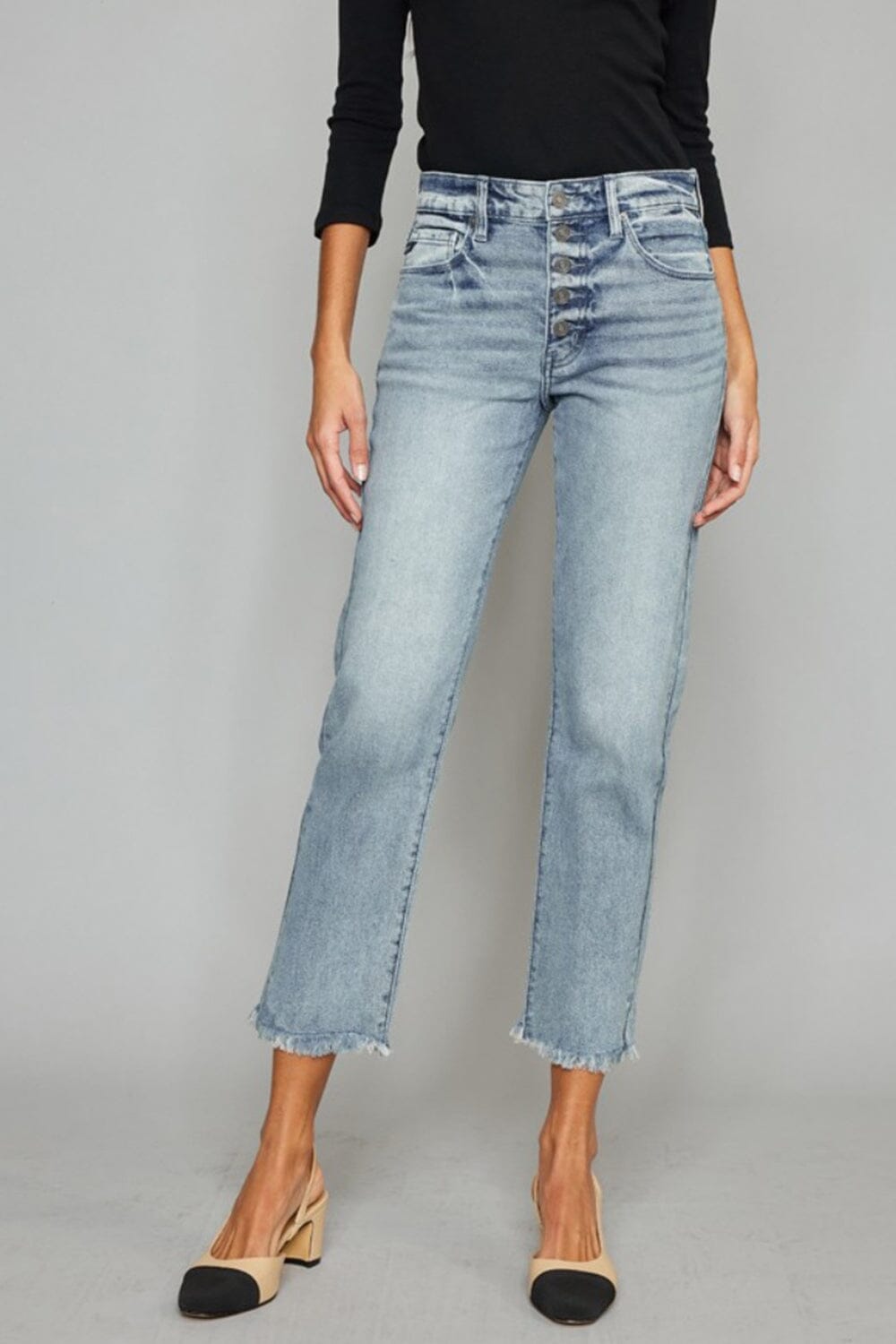 Kancan High Waist Button Fly Raw Hem Cropped Straight Jeans - Sydney So Sweet