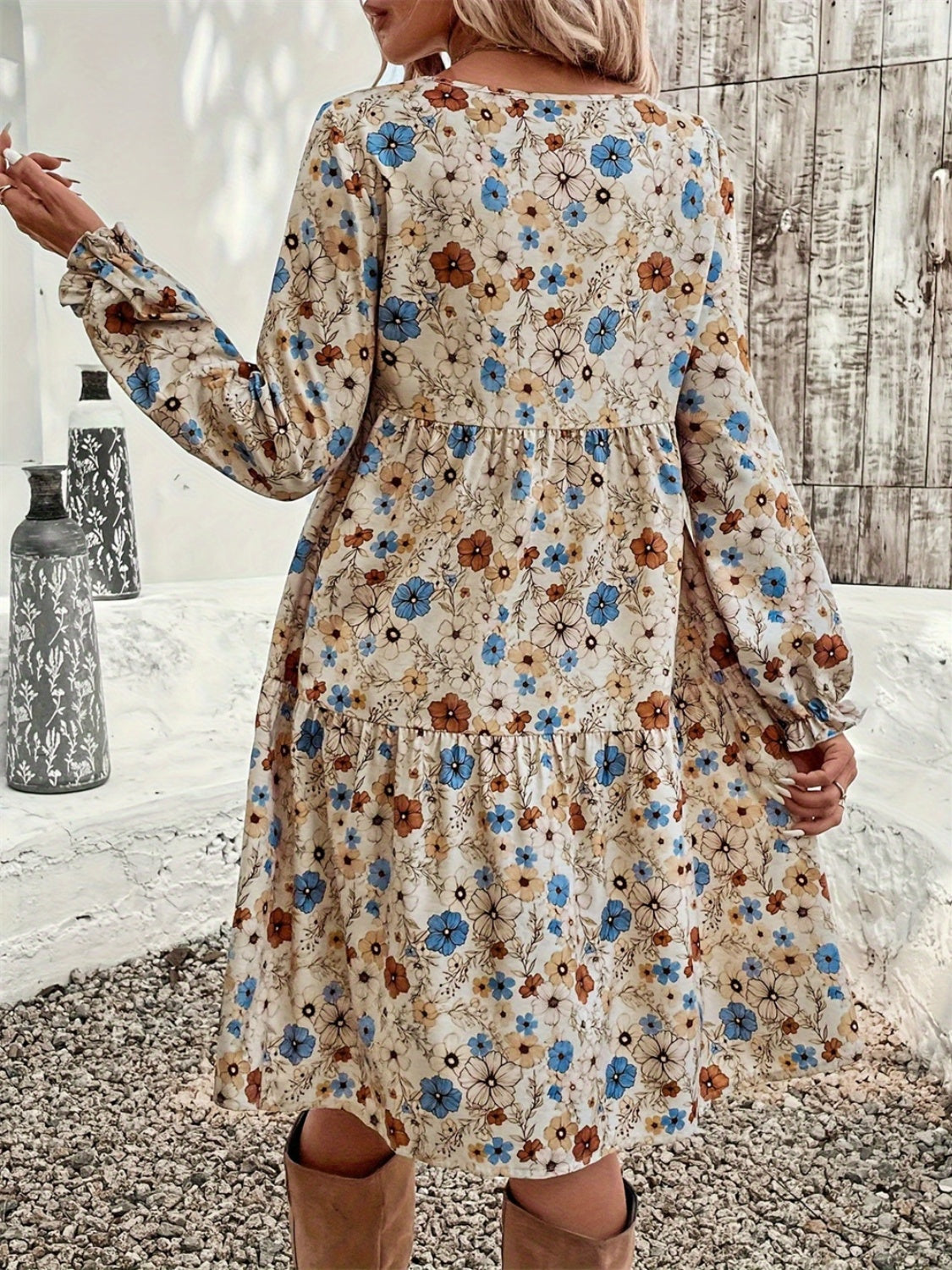 Ruffled Printed Round Neck Long Sleeve Dress - Sydney So Sweet