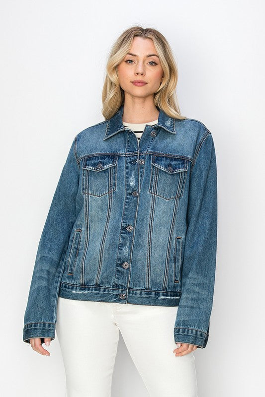 RISEN Full Size Distressed Button Up Jacket - Sydney So Sweet