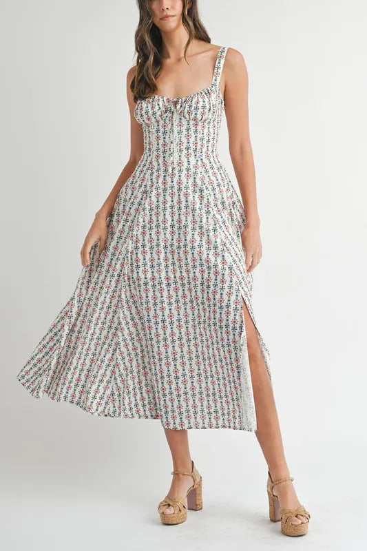 MABLE Floral Print Bustier Back Lace Up Midi Dress - Sydney So Sweet
