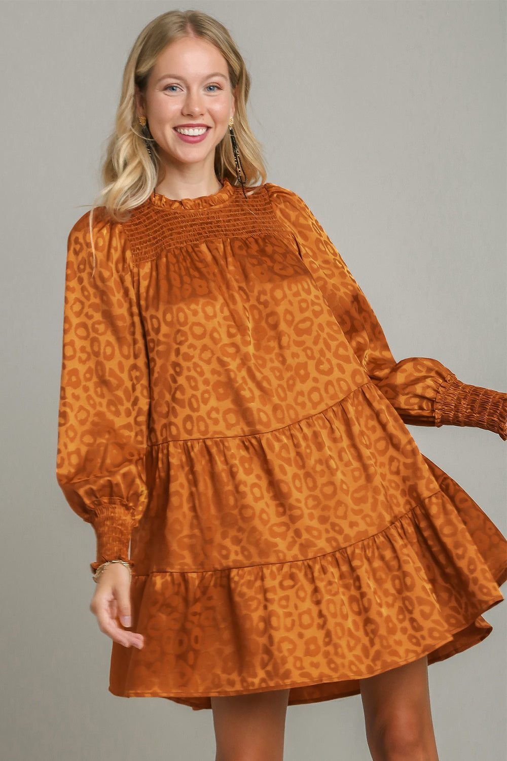 Umgee Smocked Leopard Long Sleeve Tiered Dress - Sydney So Sweet