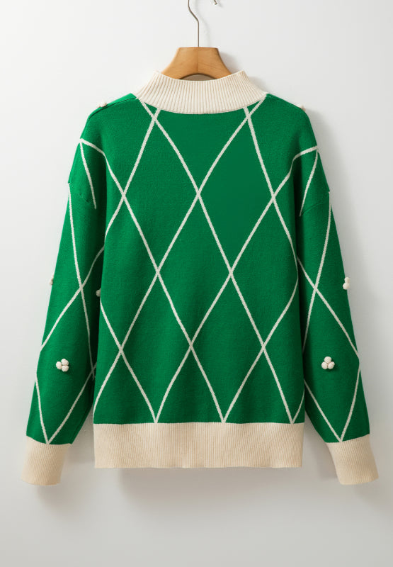 Diamond Pattern Contrast Trim Mock Neck Sweater - Sydney So Sweet