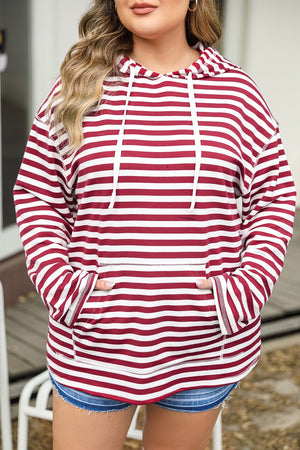 Plus Size Drawstring Striped Dropped Shoulder Hoodie - Sydney So Sweet