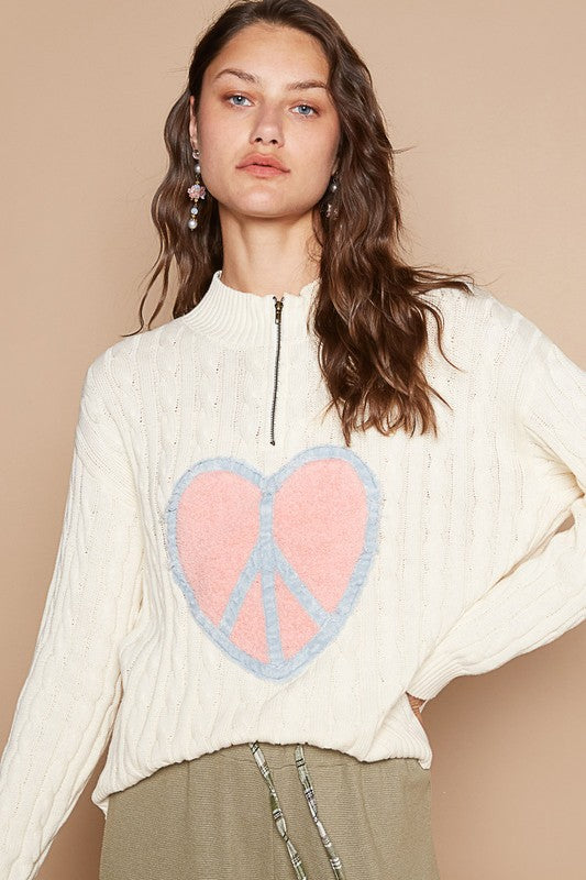 POL Cable-Knit Peace Patch Dropped Shoulder Sweater - Sydney So Sweet