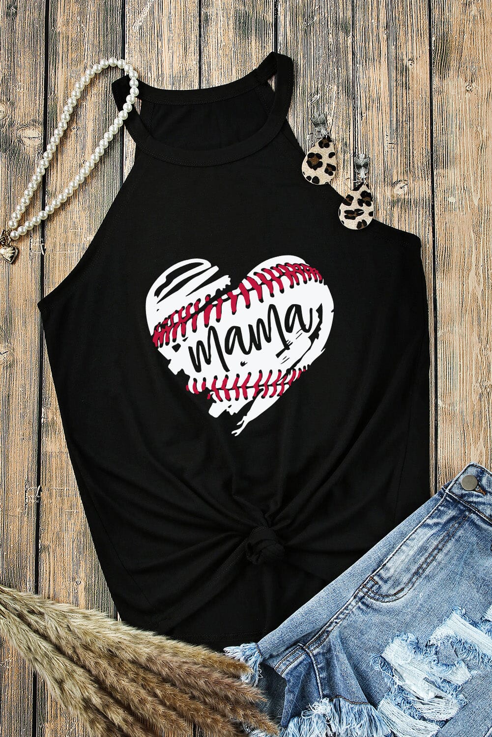 Baseball Mama at Heart Graphic Round Neck Women's Tank Top - Sydney So Sweet