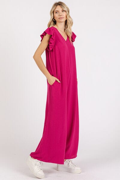 Mittoshop V-Neck Ruffled Cap Sleeve Wide Leg Jumpsuit - Sydney So Sweet