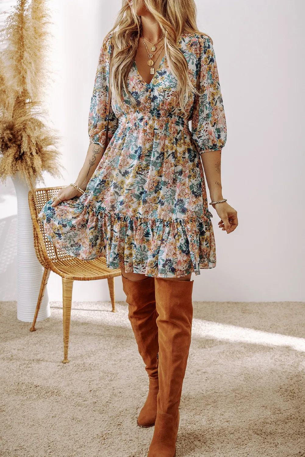 Printed V-Neck Half Sleeve Dress - Sydney So Sweet