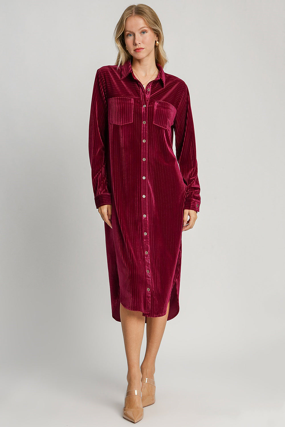 Umgee Texture Curved Hem Button Down Shirt Dress - Sydney So Sweet