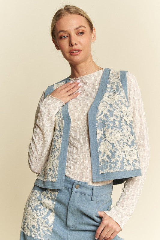 Davi & Dani Lace Patch Open Front Denim Vest - Sydney So Sweet