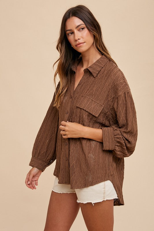 Annie Wear Openwork Button Down Drop Shoulder Shirt - Sydney So Sweet