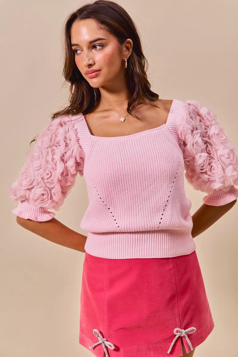 SO ME Rosette Sleeves Square Neck Sweater Knit Top - Sydney So Sweet