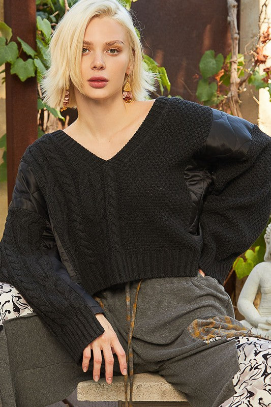 POL Cable Knit Quilting Patch V-Neck Sweater - Sydney So Sweet