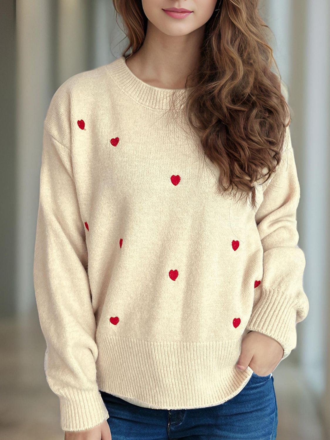 Heart Round Neck Long Sleeve Sweater - Sydney So Sweet