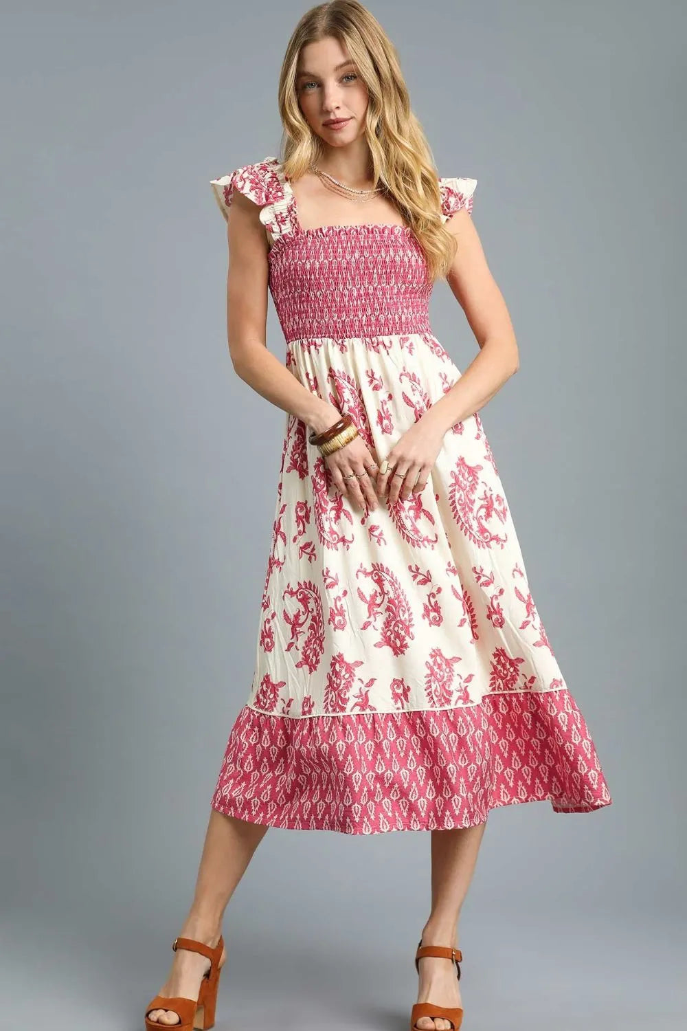 Umgee Printed Smocked Midi Dress with Ruffle Details - Sydney So Sweet