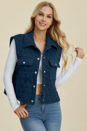 Double Take Full Size Pocketed Texture Snap Down Vest Coat - Sydney So Sweet