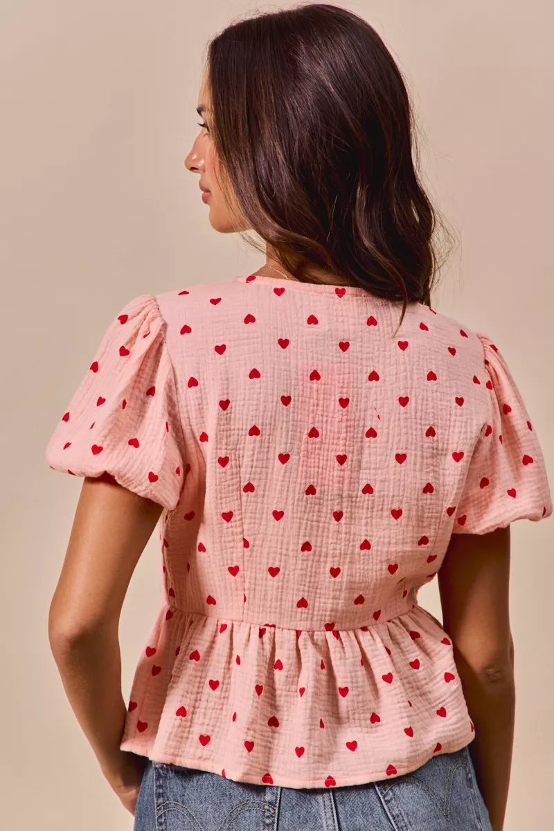 SO ME All Over Heart Ribbon Tie Baby Doll Valentine Blouse - Sydney So Sweet