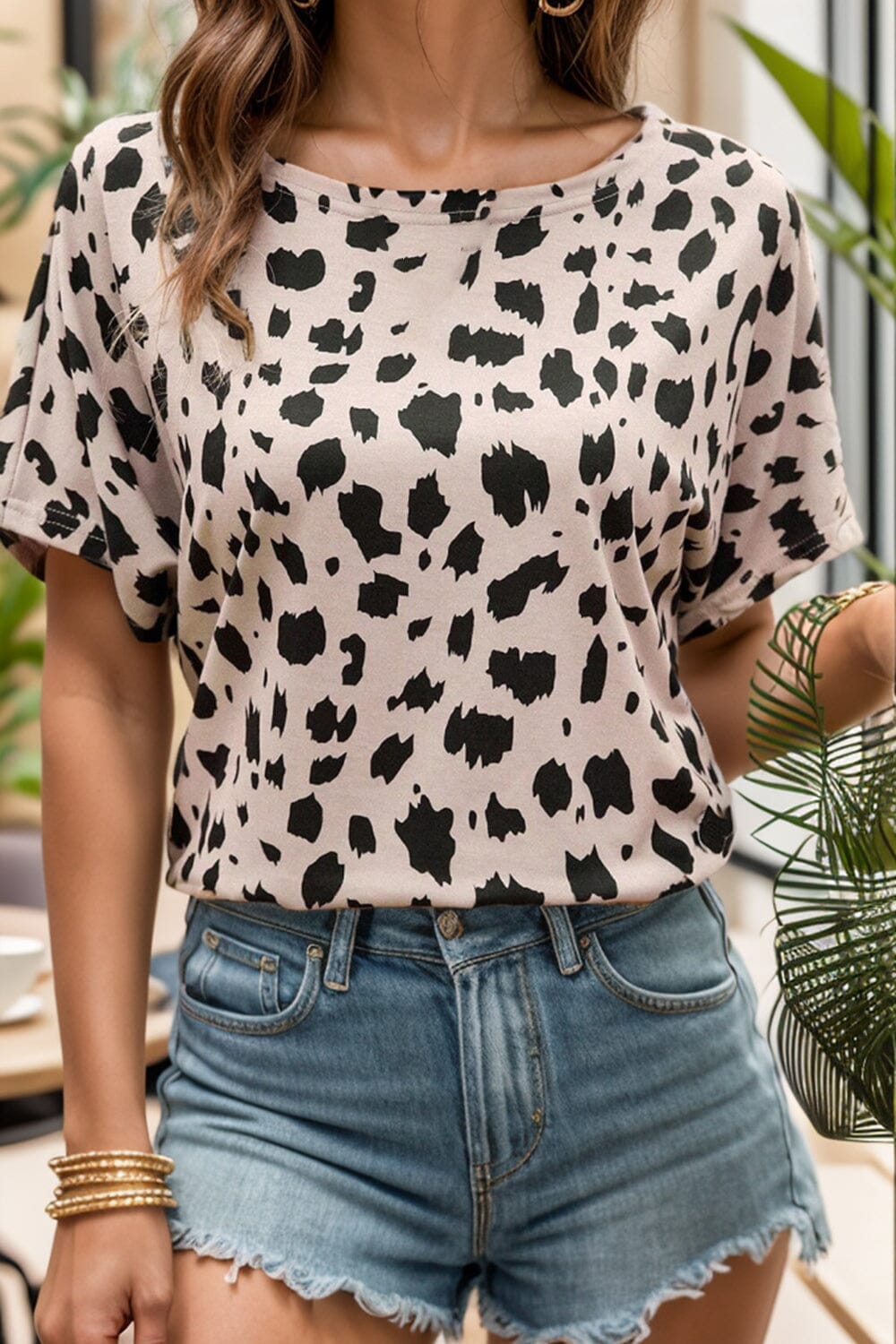 Backless Printed Boat Neck Short Sleeve Blouse - Sydney So Sweet