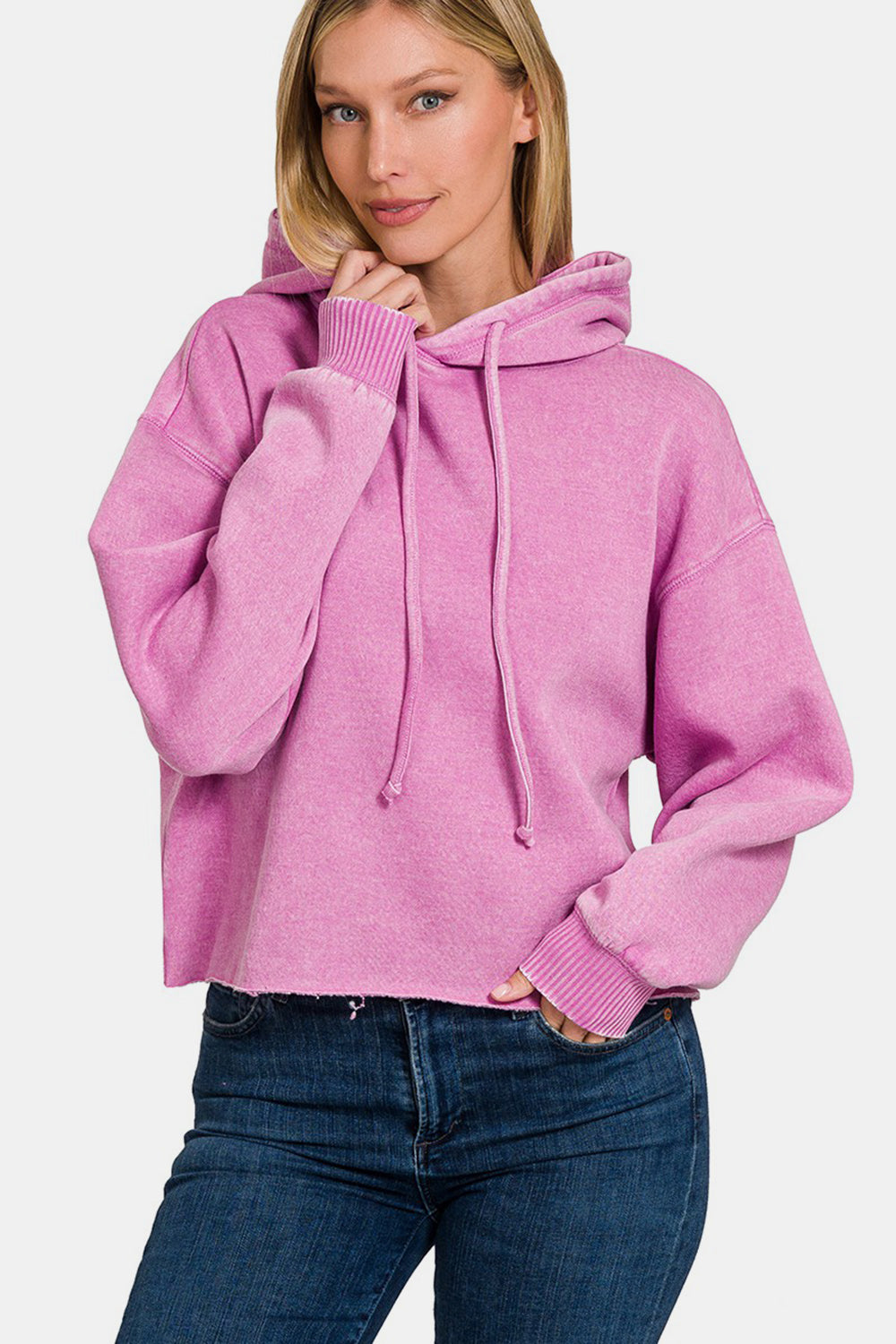 Zenana Acid Wash Fleece Cropped Hoodie - Sydney So Sweet