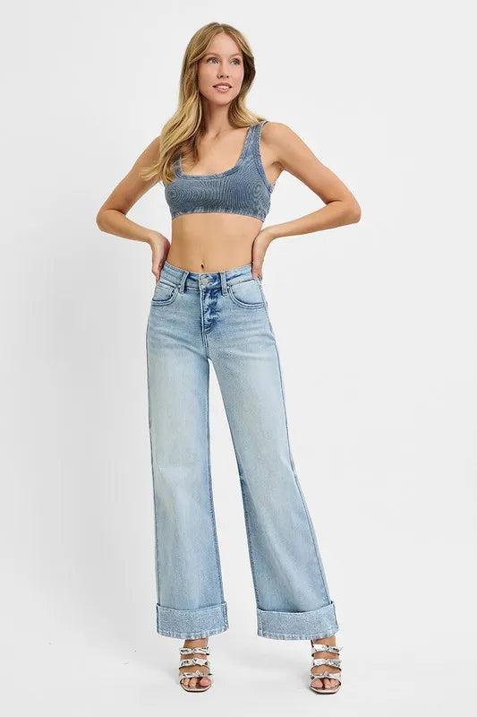 RISEN Full Size Tummy Control High Rise Ankle Wide Cuffed Jeans Plus Size - Sydney So Sweet