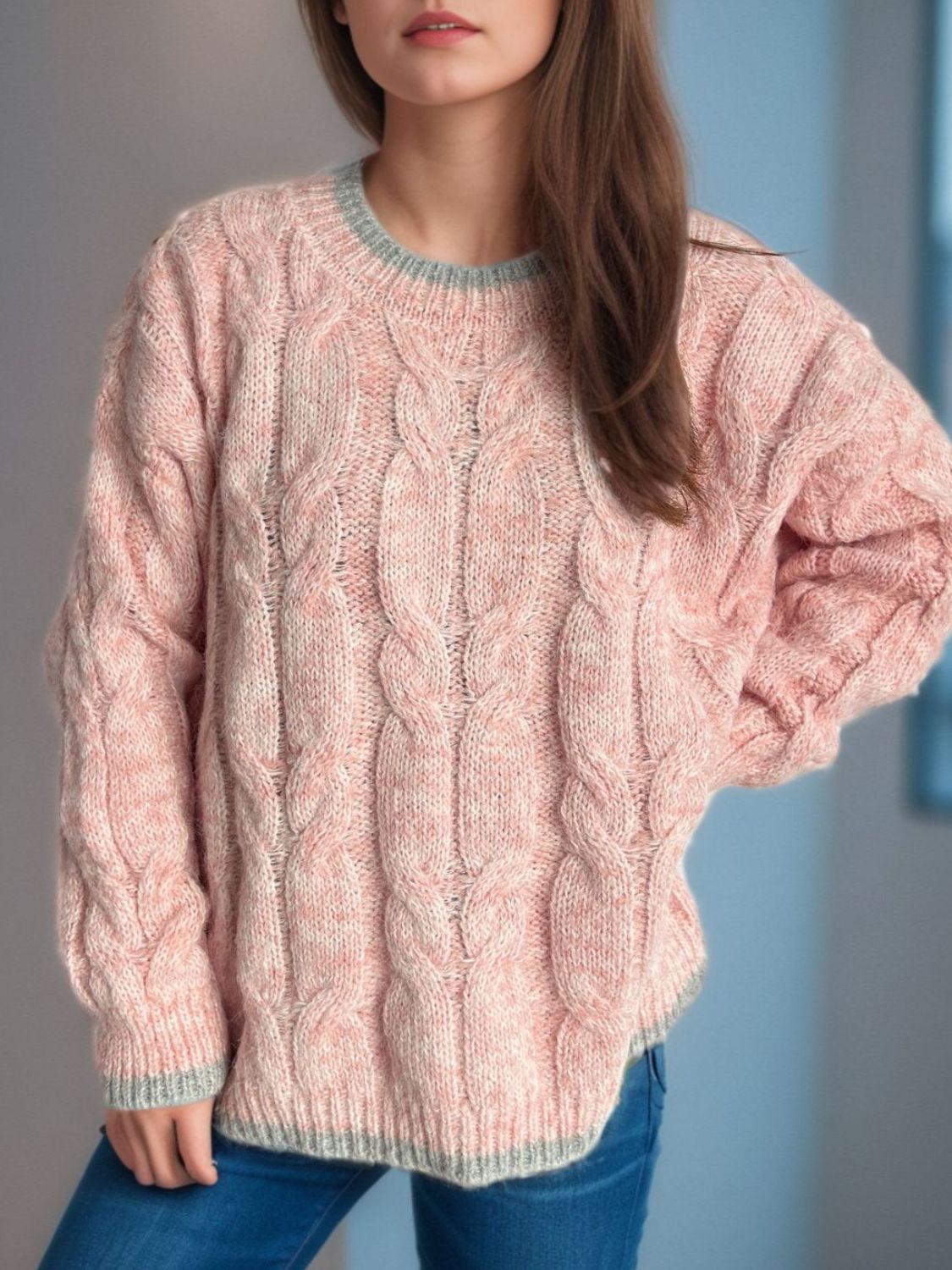 Cable Knit Round Neck Long Sleeve Sweater - Sydney So Sweet