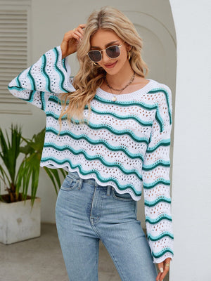 Round Neck Openwork Flare Sleeve Knit Top - Sydney So Sweet