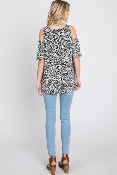 Heimish Full Size Leopard Round Neck Cold Shoulder T-Shirt Plus Size - Sydney So Sweet