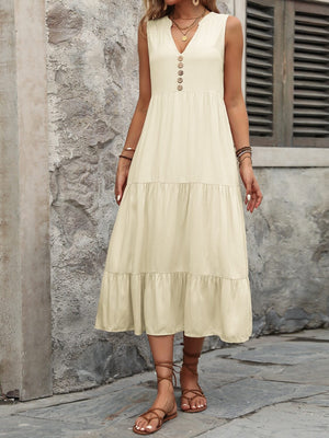 Decorative Button Notched Sleeveless Dress - Sydney So Sweet