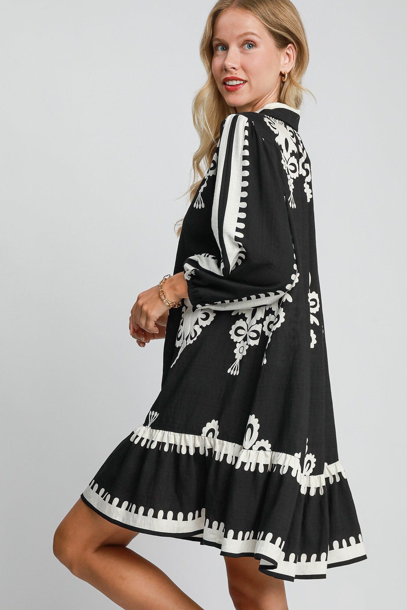 Umgee Border Print Button Down Ruffled Hem Dress - Sydney So Sweet