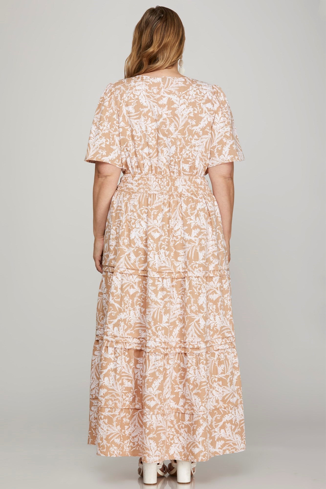 She + Sky Printed Notched Woven Tiered Pintuck Maxi Dress with Side Pockets - Sydney So Sweet