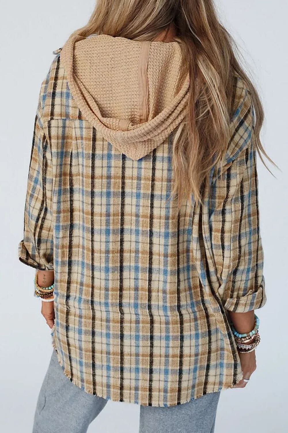 Drawstring Plaid Button Up Hooded Shacket - Sydney So Sweet