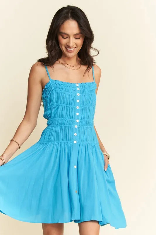 Davi & Dani Smocking Bodice Sleeveless Button Down Mini Dress - Sydney So Sweet