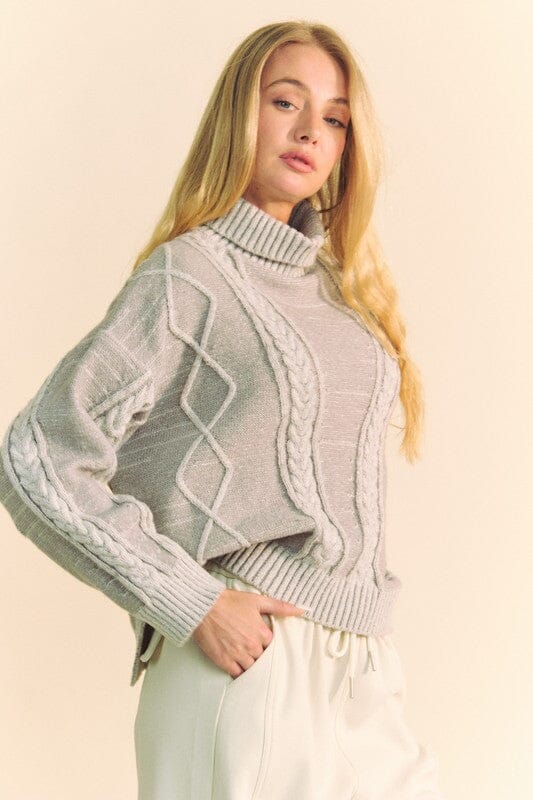 Davi & Dani Cable-Knit Turtleneck Dropped Shoulder Sweater - Sydney So Sweet