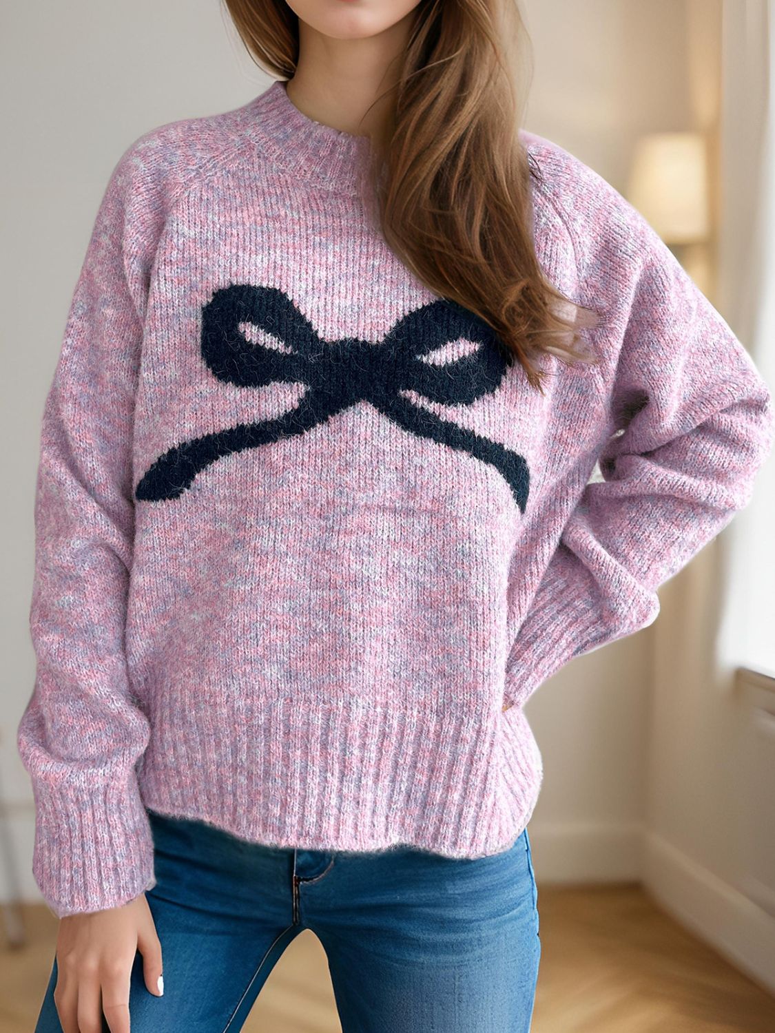 Bow Round Neck Long Sleeve Sweater - Sydney So Sweet