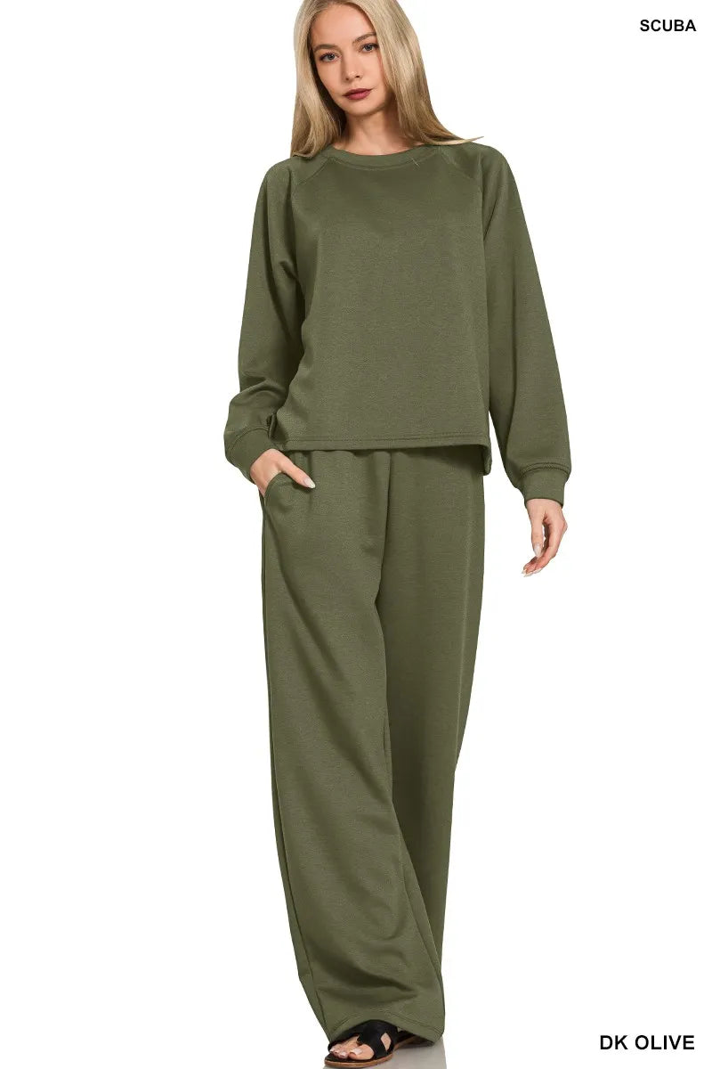 Zenana Scuba Crewneck Sweatshirt and Pants Set - Sydney So Sweet