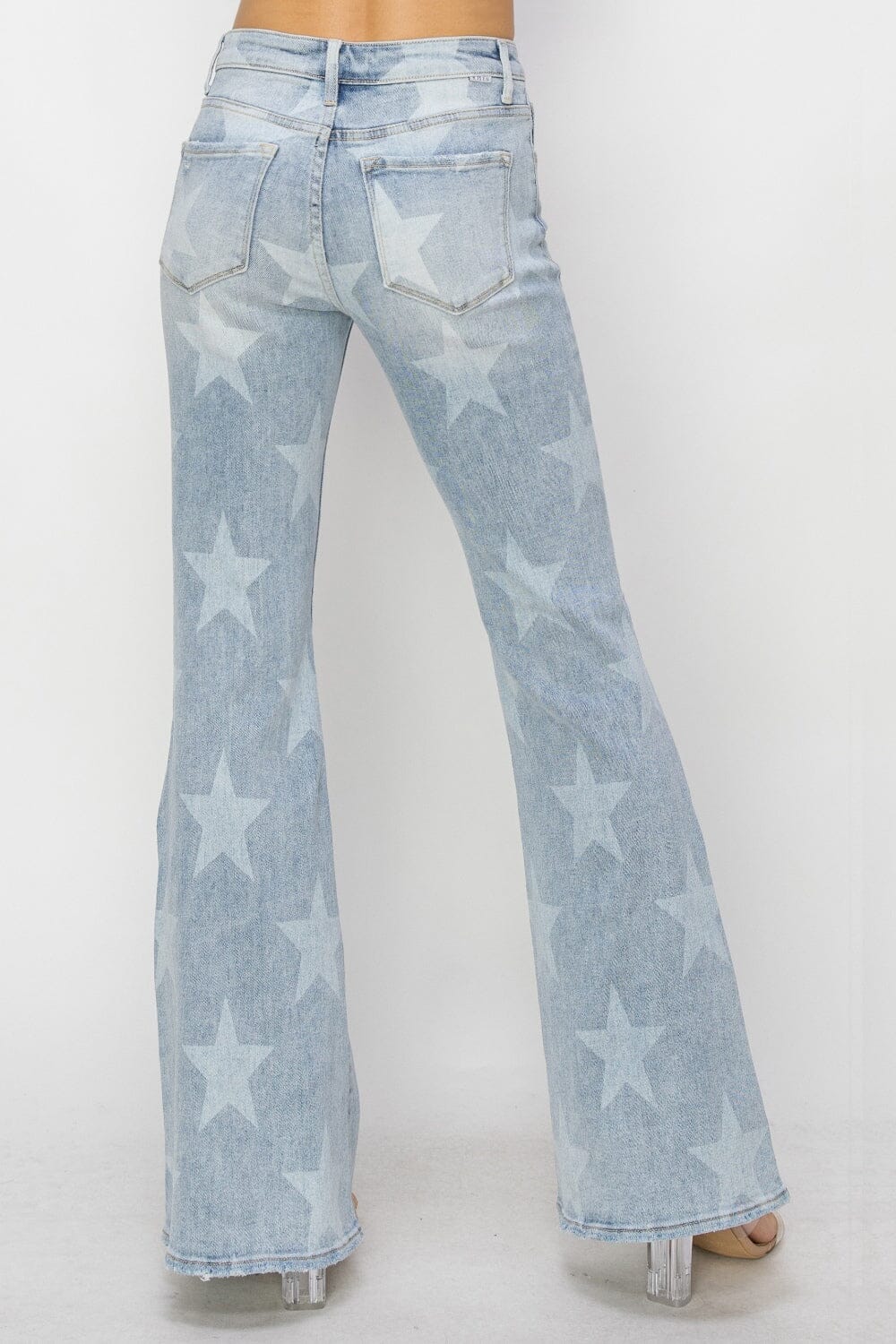 RISEN Mid Rise Button Fly Start Print Flare Jeans - Sydney So Sweet